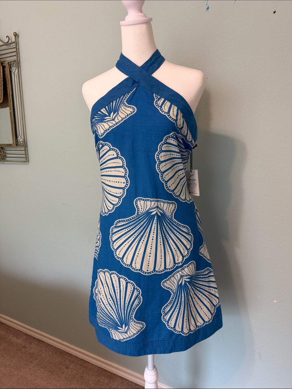 Blue Halter Shell Print Sundress